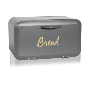 Open Front Grey Bread Bin Kitchen Loaf Storage Box Gold Font Lettering Bread Bin