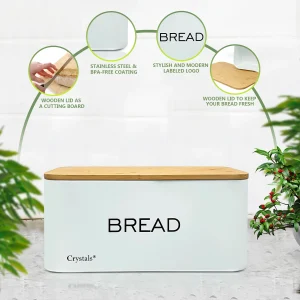 Stainless Steel Bread Bin With Bamboo Wooden Cutting Board Lid Food Storage Box