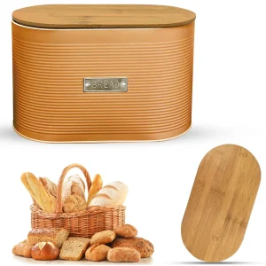 Oval Bread Bin with Bamboo Lid Kitchen Storage Loaf Container -WHITE/GREY/COPPER